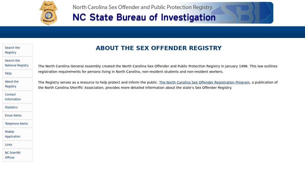 North Carolina SBI sex offender registry program overview
